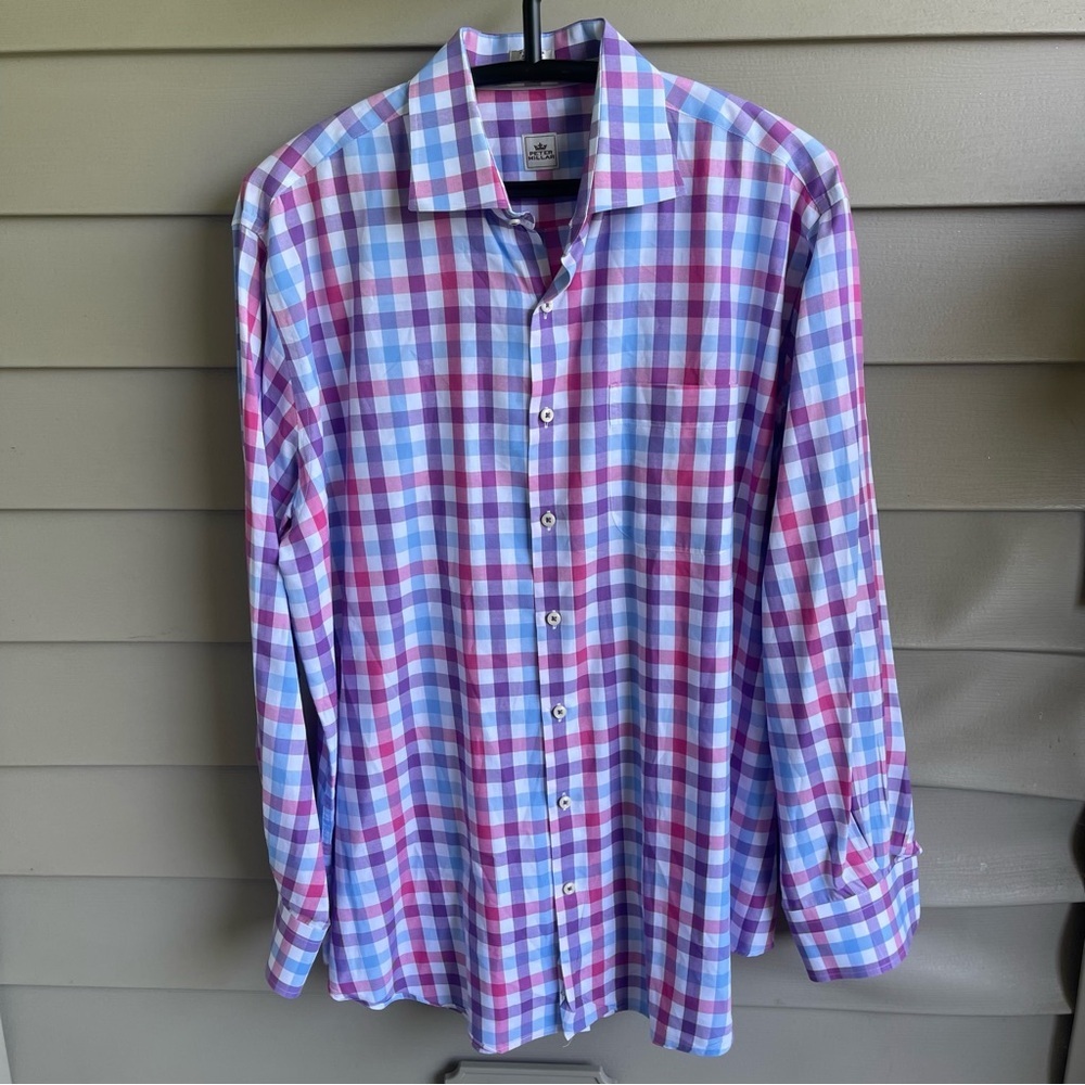 Peter Millar Men’s Long Sleeve Button Front Plaid Shirt Size‎ XL Pink Blue White